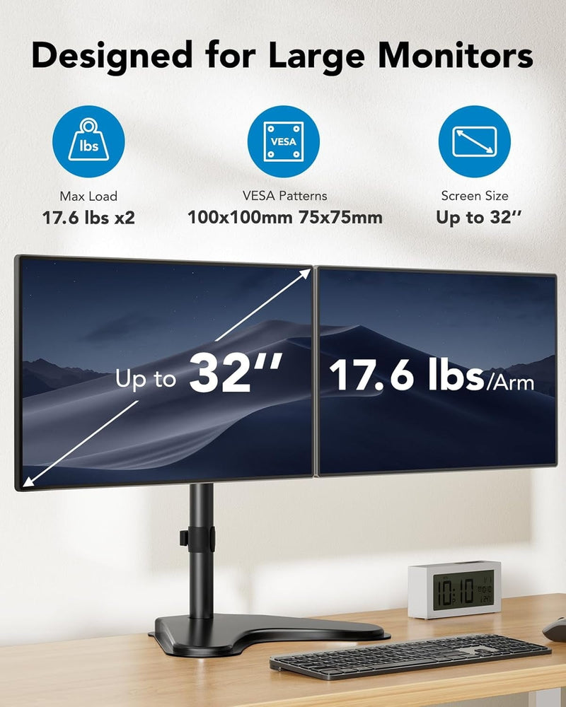 Dual Monitor Stand for Two 13-32 inch Flat Curved LCD Screens with Swivel, Tilt, Rotation & Height Adjustable Free Standing, Black