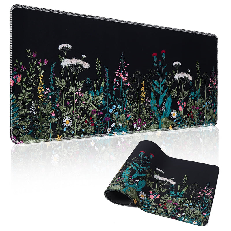 Desk Mat, Big Desk Pad, 31.5 x 11.8in Extended Gaming Mouse Pad, Large Mouse Pad for Desk Rubber Base Mousepad with Stitched Edges, Keyboard Mouse Mat for Work, Game, Office, Home - Weeds