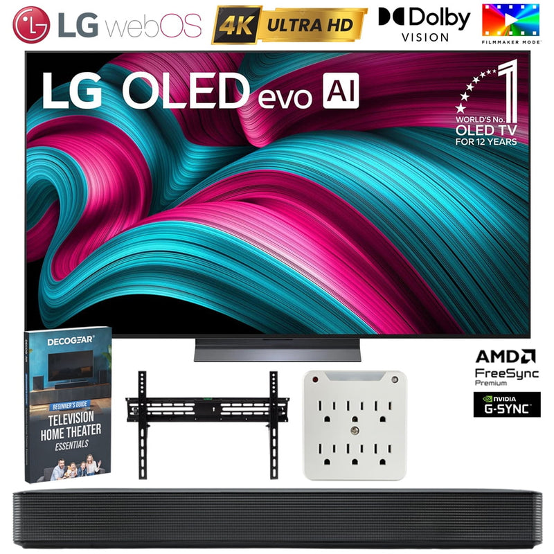 LG OLED65C5PUA 65 Inch OLED evo 4K UHD Smart TV (2025) Bundle with SKM1 2.0 Ch. Compact Soundbar, 37"-70" TV Wall Mount, 6-Outlet Surge Adapter & Deco Gear Complete Home Theater Beginner's Guidebook