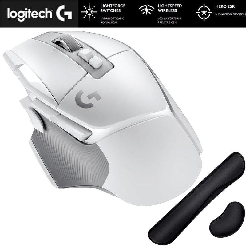 Logitech 910-006187 G502 X Lightspeed Wireless Gaming Mouse White Bundle with Deco Essentials Keyboard and Mouse Gel Memory Foam Wrist Pads, Universal Design, Added Comfort