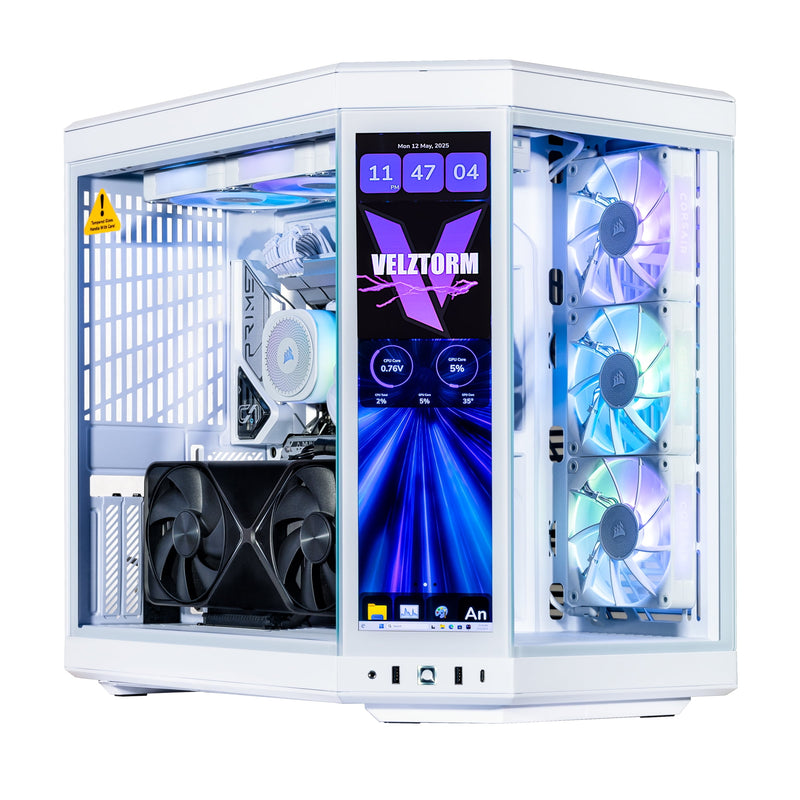 Velztorm LCD Praetix Custom Built Y70 Touch Gaming Desktop PC (Intel i9-14900K, RTX 5080, 64GB DDR5, 2TB PCIe SSD + 6TB HDD, RGB Fans, 360mm AIO, 1000W PSU, WiFi 6, Bluetooth 5.2, RJ-45, Win 11 Pro)