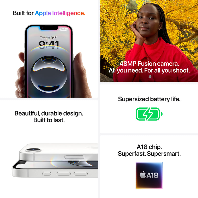 Straight Talk Apple iPhone 16e, 128GB, White - Prepaid Smartphone