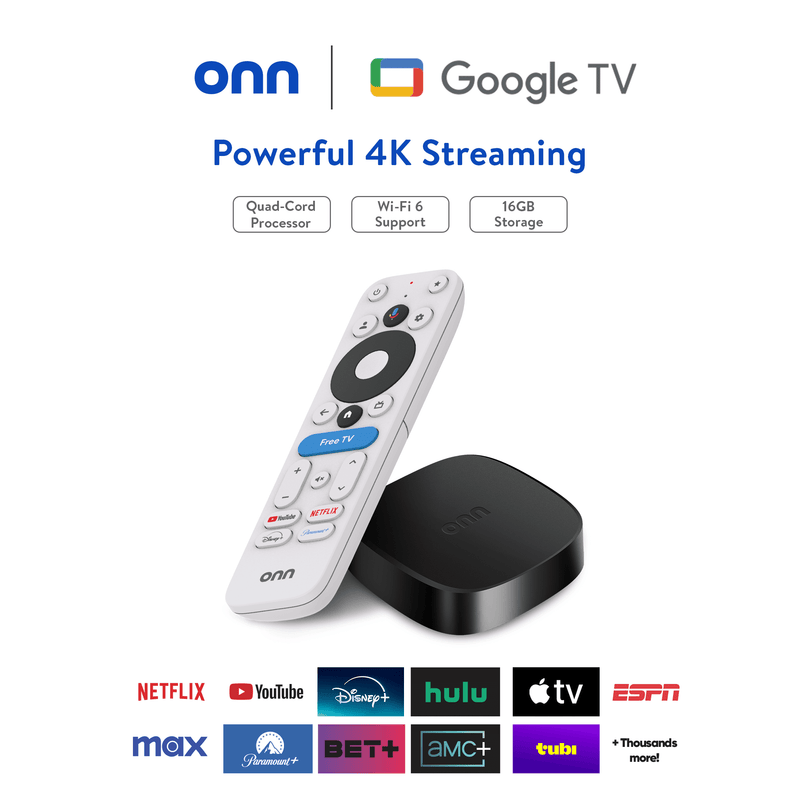 onn 4K Plus Streaming Device, Google TV - Ultra-fast Streaming, Stunning 4K UHD, 16GB Storage, 2GB RAM, Dolby Vision & Atmos, Remote with Voice Control