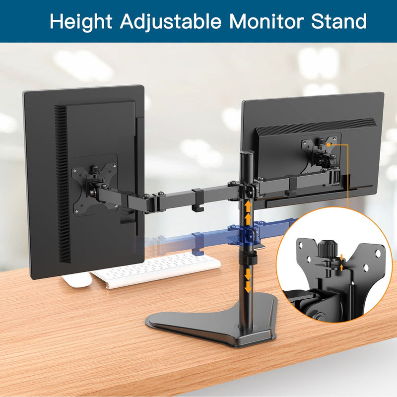 Dual Monitor Stand for Two 13-32 inch Flat Curved LCD Screens with Swivel, Tilt, Rotation & Height Adjustable Free Standing, Black