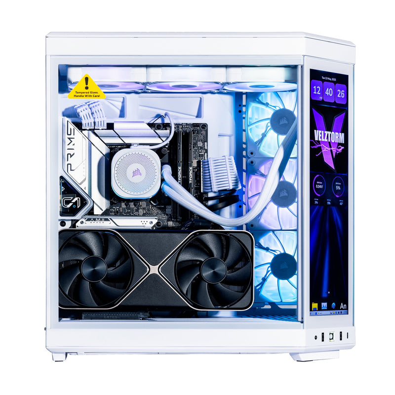 Velztorm LCD Praetix Custom Built Y70 Touch Gaming Desktop PC (Intel i9-14900K, RTX 5080, 64GB DDR5, 2TB PCIe SSD + 6TB HDD, RGB Fans, 360mm AIO, 1000W PSU, WiFi 6, Bluetooth 5.2, RJ-45, Win 11 Pro)