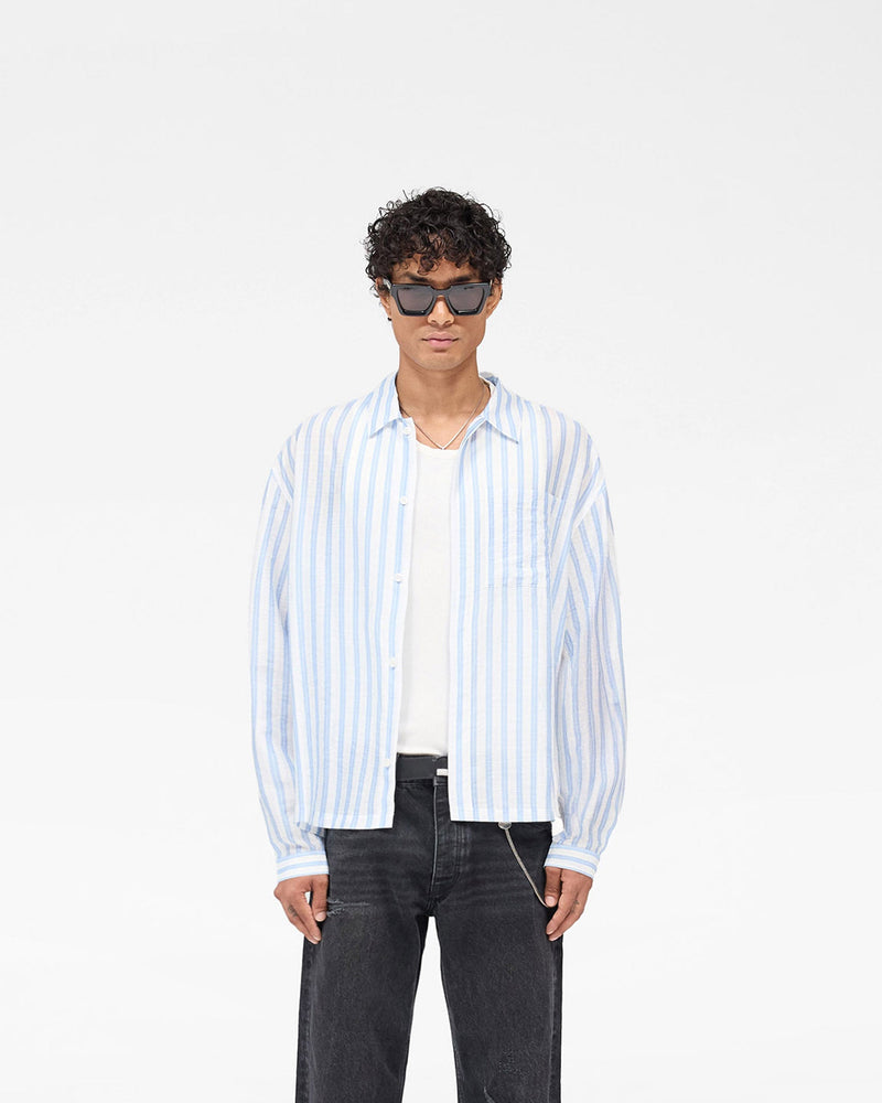 Long Sleeve Sheer Stripe Boxy Shirt - Ice Blue