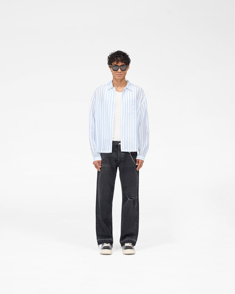 Long Sleeve Sheer Stripe Boxy Shirt - Ice Blue